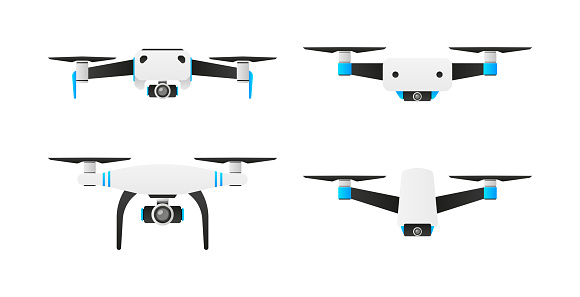 Quadcopter and flying drone on white background. Drone quadrocopter with action camera. Photo and video. Vector illustration