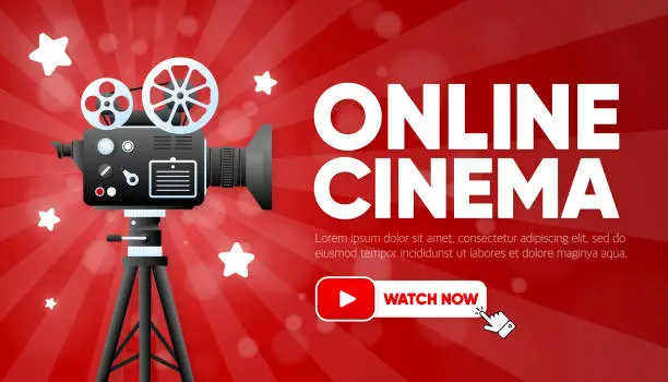 Vector illustration of Online Cinema. Watch Now. Movie watching with popcorn. Online cinema industry. Film-strip on retro camera. Vector illustration.