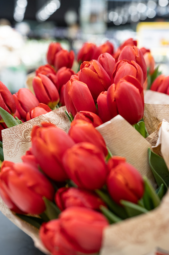 A bouquet of red tulips for sale in a shop.