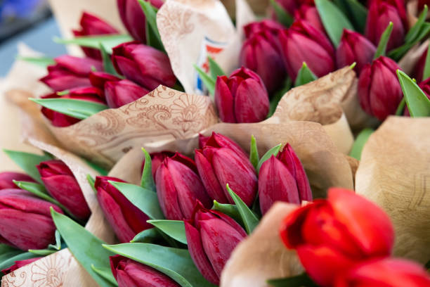 A bouquet of red tulips for sale in a shop.