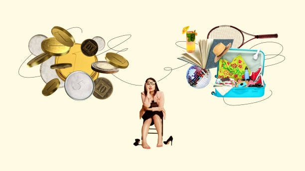 istock Stressful businesswoman sitting between choice and leisure items. Making choice between work and leisure time. Conceptual contemporary art collage. 2078488479