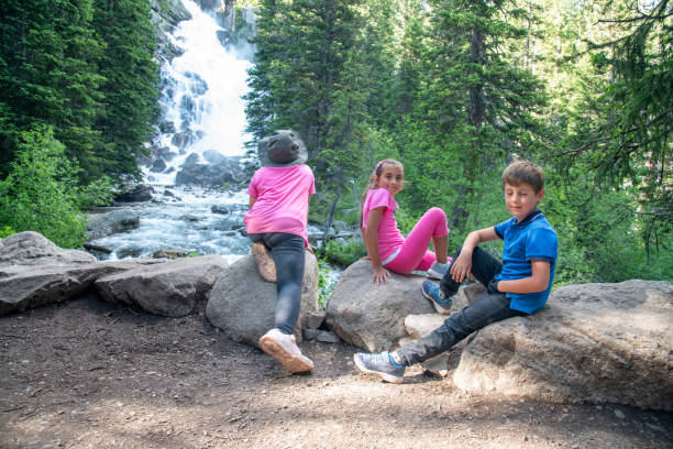 옐로스톤 내셔널 펜실베이니아를 방문하는 행복한 어린 아이들 - wyoming family mountain vacations 뉴스 사진 이미지