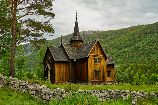 Telemark, Norway - 06 16 2022: small Stave Church entirely built out of wood, located in Telemark in Norway.
