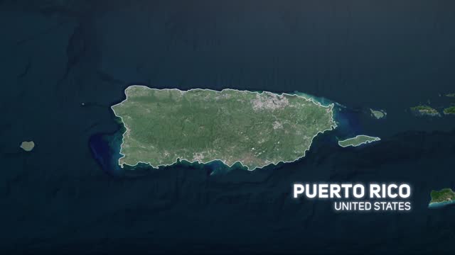 Zoom in to Puerto Rico from Earth. Satellite view of the United States of America. Cinematic world map animation from outer space to territories. The concept of USA, highlight, globe, aerial view, tourism, travel, journey, cityscape