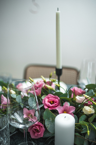 A feminine and elegant table display, specially prepared for a bachelorette dinner celebration.