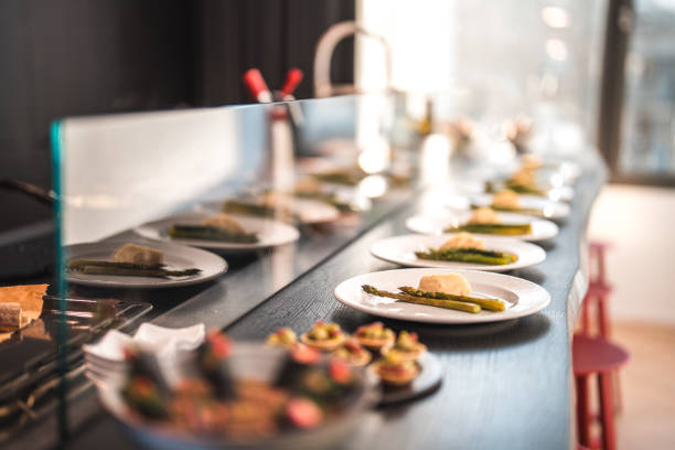 Serving plates with special food creations for a bachelorette dinner.