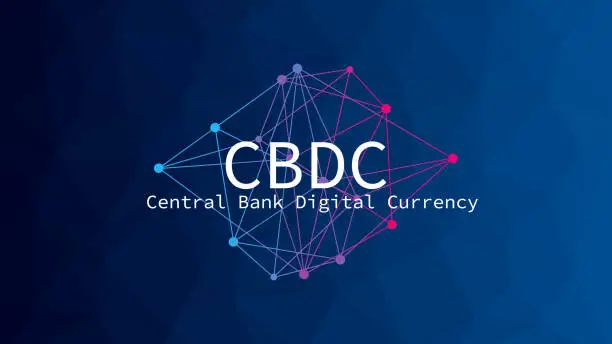 Vector illustration of CBDC money on blue gradient background. Central Bank Digital Currency vector. Neural pattern. Web banner template design