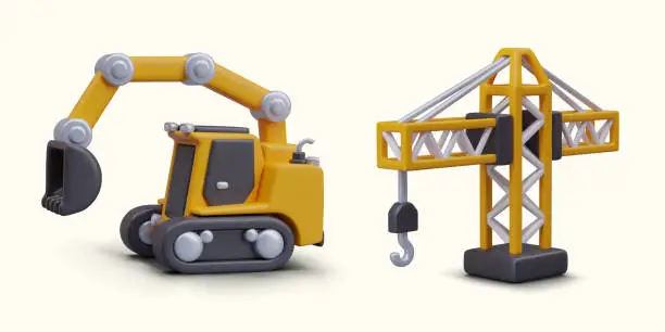 Vector illustration of Yellow 3D excavator, construction crane with hook. Heavy construction equipment, special machinery