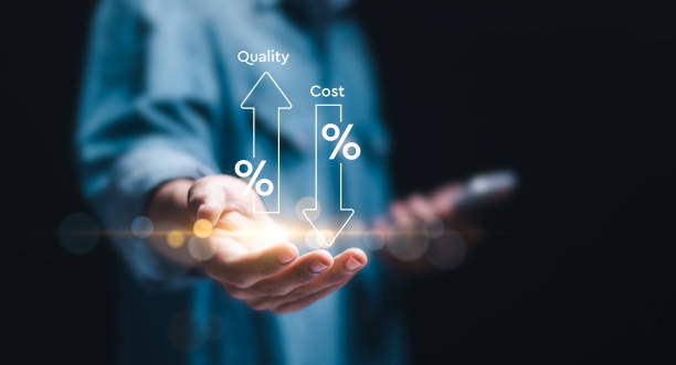 istock Cost and quality control concept, Businessman holding with virtual quality control growth graph and cost reduction. cost optimization for products or services to improve customer satisfaction. 2078528583
