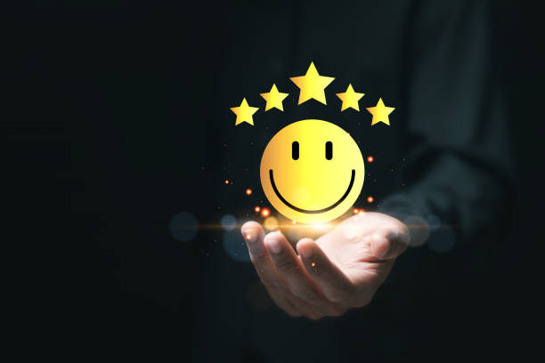istock Customer experience concept. Customers give excellent five-star ratings with smiley face emoticons for service, satisfaction, reviews, feedback. 2078533840