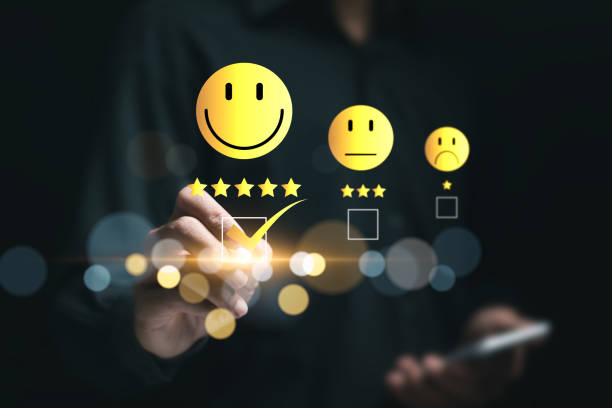 istock Customer experience concept. Customers give excellent five-star ratings with smiley face emoticons for service, satisfaction, reviews, feedback. 2078535944