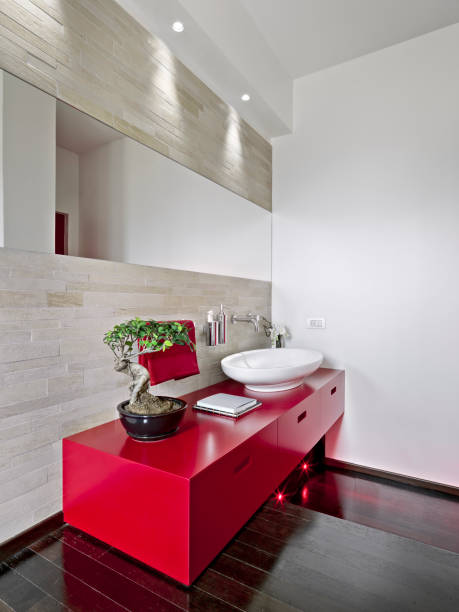 istock modern bathroom interior with red cabinet sink 2078536979