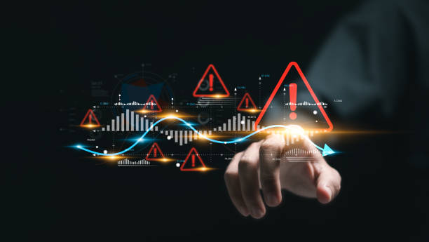 istock Businessman touching virtual world economic growth chart with red warning sign for caution in investing economic situation warning, Business investment risks. 2078538037