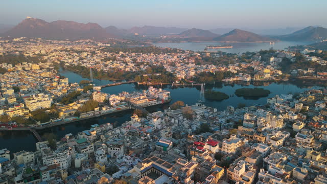 Aerial view of Udaipur Palace  and Pichola lake at sunrise