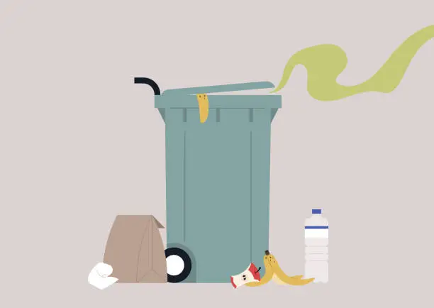 Vector illustration of Whiff of Waste, Overflowing Trash Bin on Collection Day, An overfilled trash can emits an odorous trail with refuse spilling onto the ground