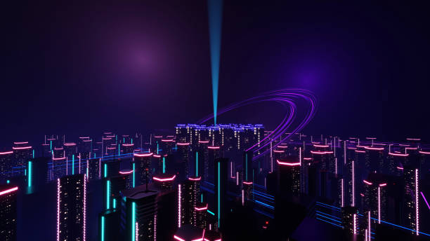 istock Futuristic smart city landscape with high technology and digital smart connection, city night light background, data tech, neon light of building skyscraper, 3D render. 2078576873