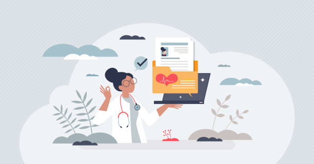 illustrations, cliparts, dessins animés et icônes de dossier de santé électronique et dossier de données médicales du patient concept de petite personne - industrie électronique