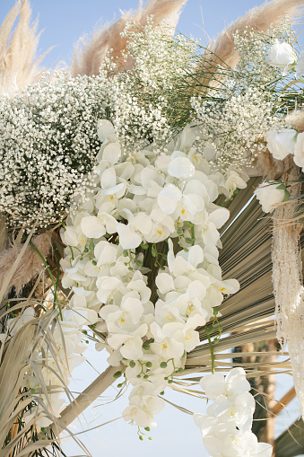 Fresh flowers and dried flowers on the wedding arch.