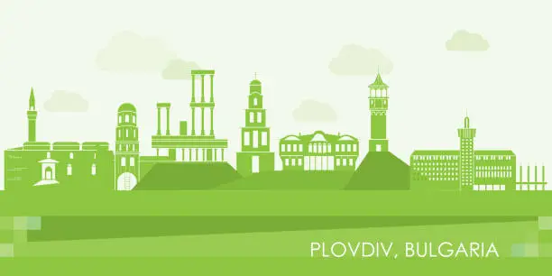 Vector illustration of Green Skyline panorama of city of Plovdiv, Bulgaria