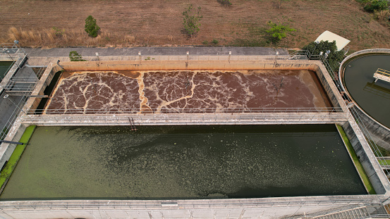 The wastewater treatment plant, business and industrial concept, Equalization, and Aeration pond