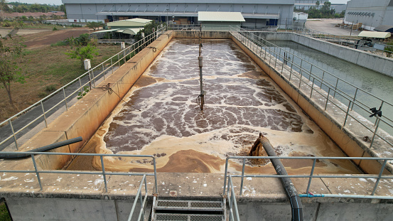 Aerial View  Waste Water Treatment plant, business and industrial concept, Equalization and Aeration pond