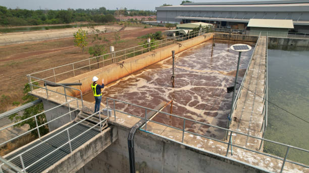 istock Drone view of Environmental Specialist walking through and  work inspecting water treatment pond 2078609906