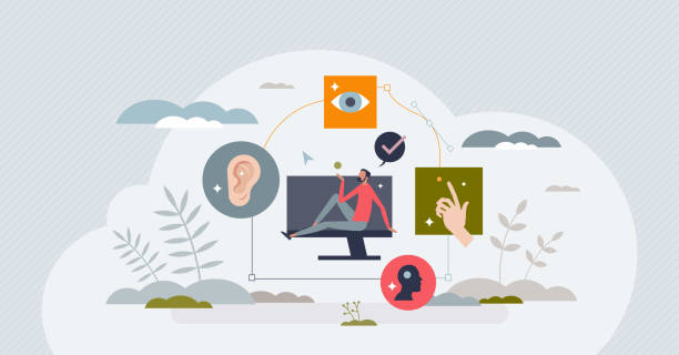 Web accessibility and assistance for disabled users tiny person concept Web accessibility and assistance for disabled users tiny person concept. Deaf or blind patient easy browser or website usage vector illustration. Online site development with touch sensitive help. accessibility stock illustrations