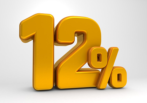 Golden 12% 3d isolated on white background. 12% off 3D. 12% mega sale or twelve percent bonus. Sale of special offers. 3d rendering.