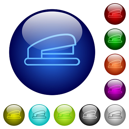 Office stapler outline icons on round glass buttons in multiple colors. Arranged layer structure
