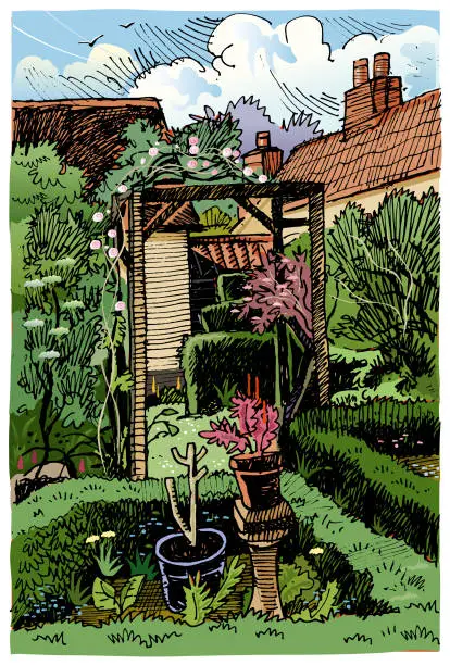 Vector illustration of Through the rose arch garden illustration