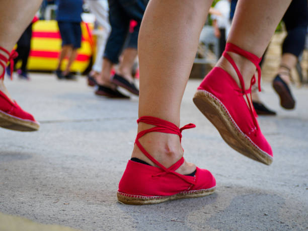 People dancing typical Catalan sardanas in a park during a traditional national holiday.