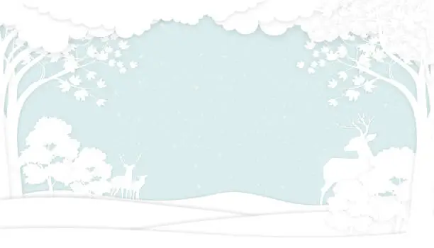 Vector illustration of Christmas Background,Paper cut Winter Landscape with snowy on forest tree with reindeer family and moutain,Concept for Christmas or New Year Card 2025