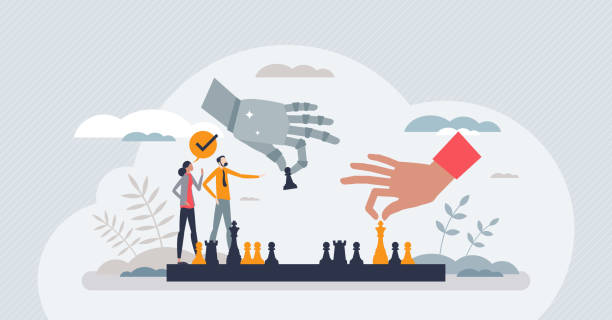 Artificial intelligence or AI usage for intellect games tiny person concept Artificial intelligence or AI usage for intellect games tiny person concept. Play chess with human vs robot teams vector illustration. Futuristic machine interaction with advanced smart systems. cpu usage stock illustrations