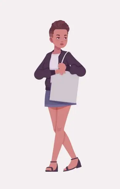 Vector illustration of Attractive girl bag carry pose, young urban fashion woman