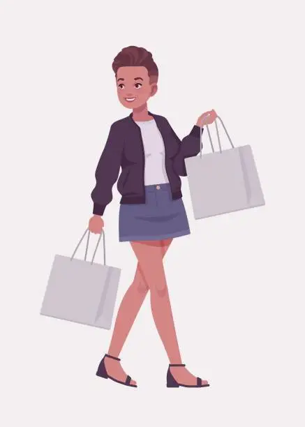 Vector illustration of Attractive girl standing holding bags pose, young urban fashion woman