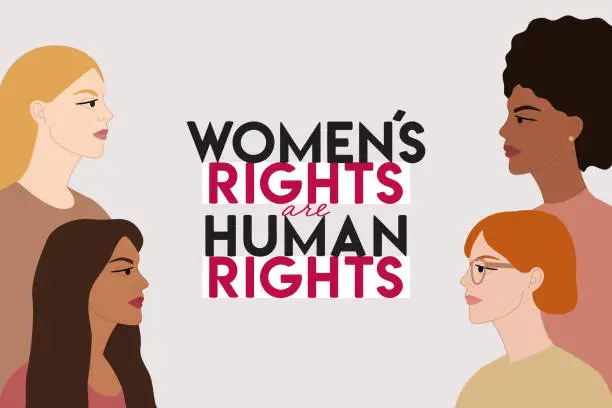 Vector illustration of Women s rights are human rights illustration with group of diverse female characters stand together. International Women s Day, 8 March. Woman empowerment concept. Pastel vector illustration