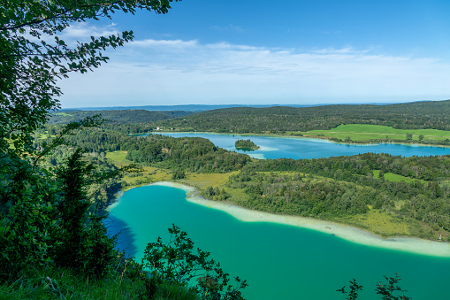 Lakes of the Jura, scenic jurassic landscape view from Belvedère des Quatres Lacs (Four lakes viewpoint), France