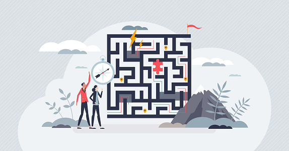 Strategic planning for direction and problem solving tiny person concept. Company vision and target with project obstacles and difficulties vector illustration. Puzzle and maze as business challenge.