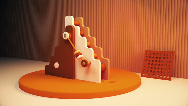 Geometric shapes in an abstract composition with elements of toys. 3D render. Pastel beige items. Motion video for display, showcase, advertising and product presentation. High quality 4k footage