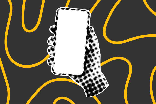 Gesture of a hand with a phone Retro halftone collage, fashion banner template. Gesture of a hand with a phone on a dark background, yellow doodle lines. Scrolling, social media, trendy retro vector image. popart hand stock illustrations