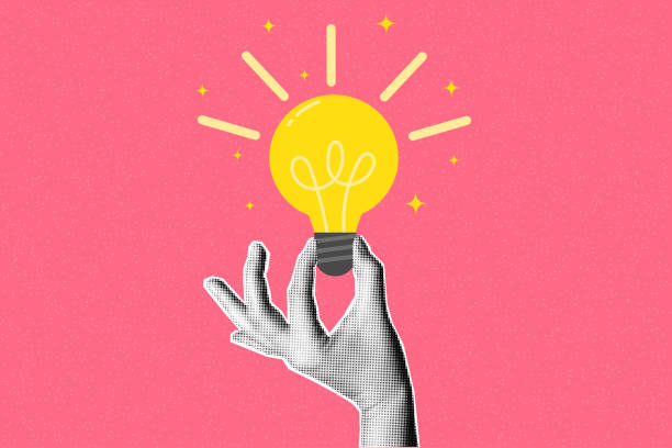 Halftone Hand holding flat glowing light bulb Halftone collage retro banner, paper cut out magazine elements. Hand holding flat glowing light bulb on textured pink background. Answer, idea, problem solving or business solution concept. popart hand stock illustrations