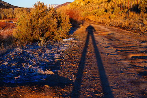Long Shadow of Person Resembling Cowboy Old West - Early morning shadows along dirt road in mountain valley.