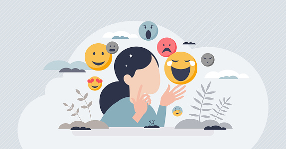 Emotional intelligence and ability to read emotions tiny person concept. Psychological feeling with mental understanding about emotional expression vector illustration. Self temper recognition skills.