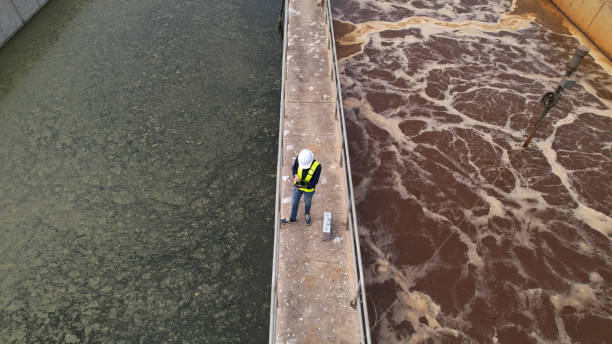 Drone view of Environmental Specialist walking through and  work inspecting water treatment pond