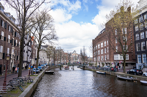 A veiw of a canal of Sleutelbrug in Amsterdam, Netherlands