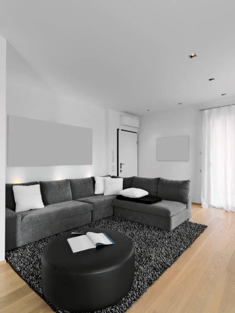 interiors shots of a modern living room in foreground the gray fabric sofa and the