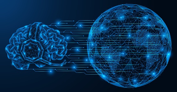 Artificial intelligence is connected to a global network. The brain is wearing headphones with a microphone in front of planet Earth. Polygonal design of interconnected lines and dots.