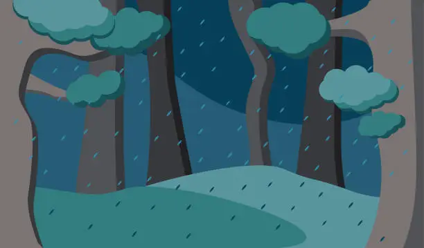 Vector illustration of Rainy forest background for children book. Trees and meadow. Landscape of thicket with stormy weather. Blackout. Drawing