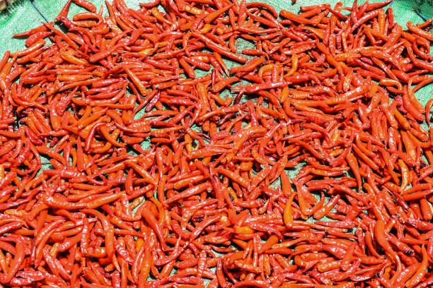 many red peppers or chili peppers on a green surface