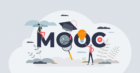 MOOC or massive open online course as part of e-learning tiny person concept. Digital university with distance graduation program for personal development and knowledge growth vector illustration.